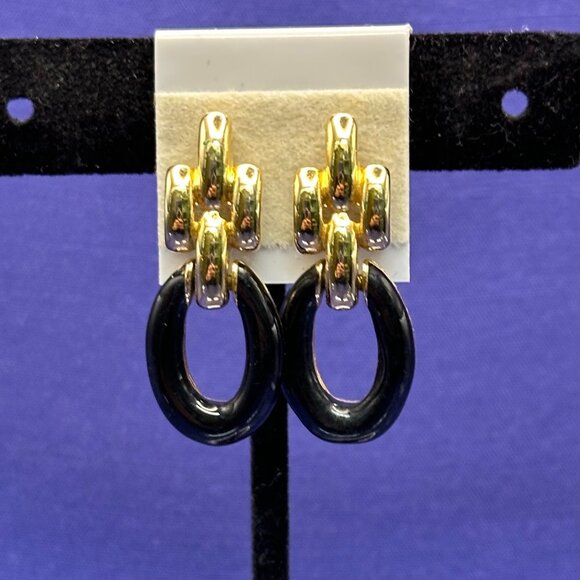 VTG Givenchy Black & Gold-Tone Door-Knocker Post Earrings - Picture 3 of 13